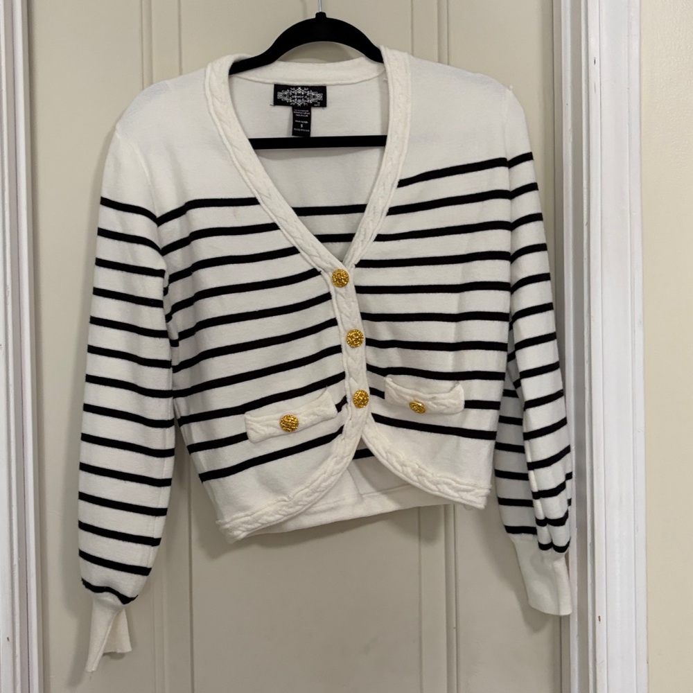 Oliver O White and Black Striped Cardigan with Gold Buttons size S